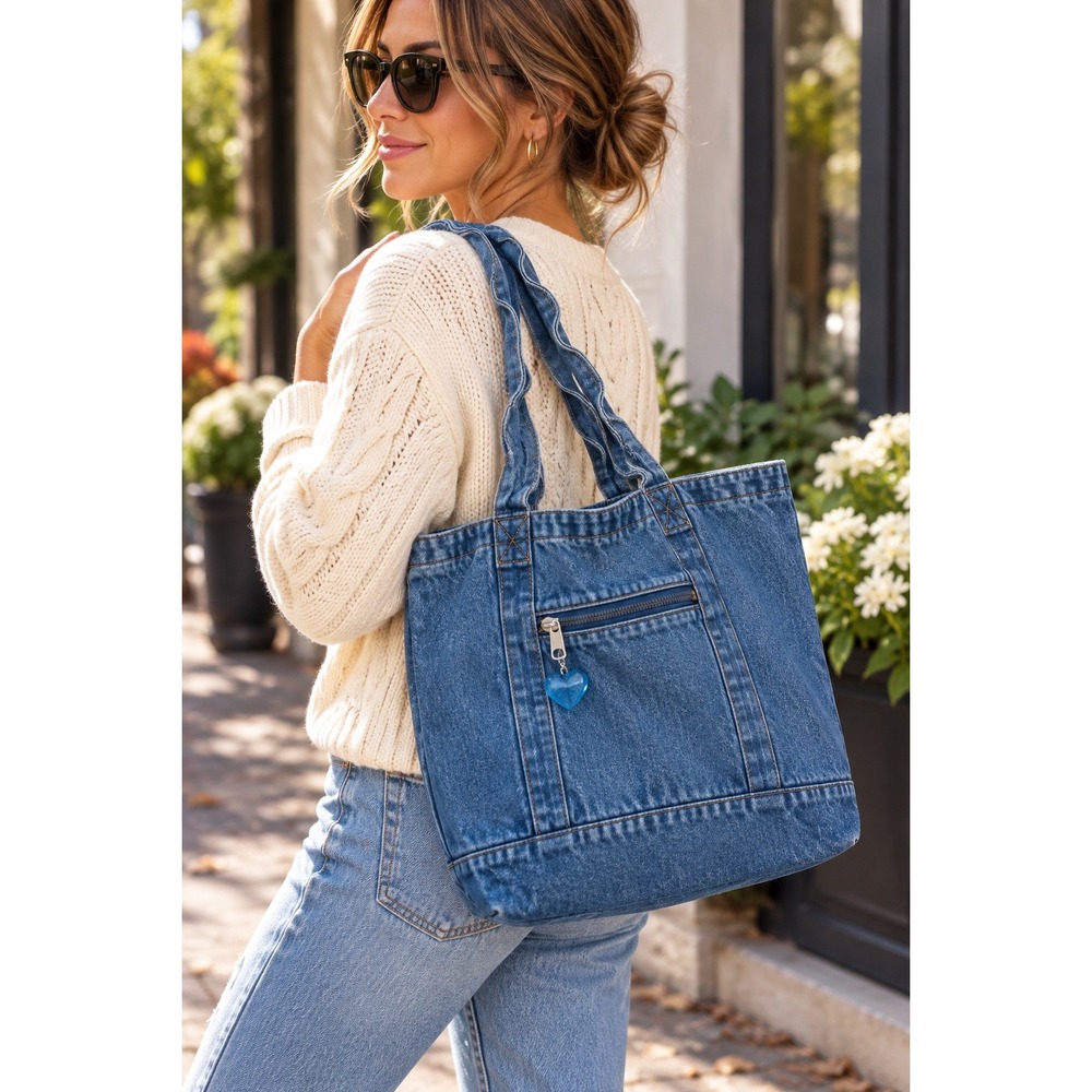 Denim Tote Bag Blue Jean Shoulder Bag Large Zip Pockets Charm Carryall